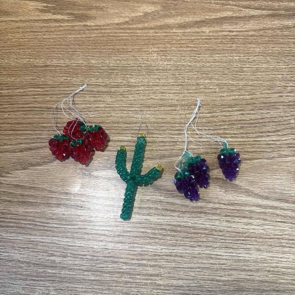 Vintage Handmade Christmas Bead And Safety Pin Cactus, Grapes, Strawberries